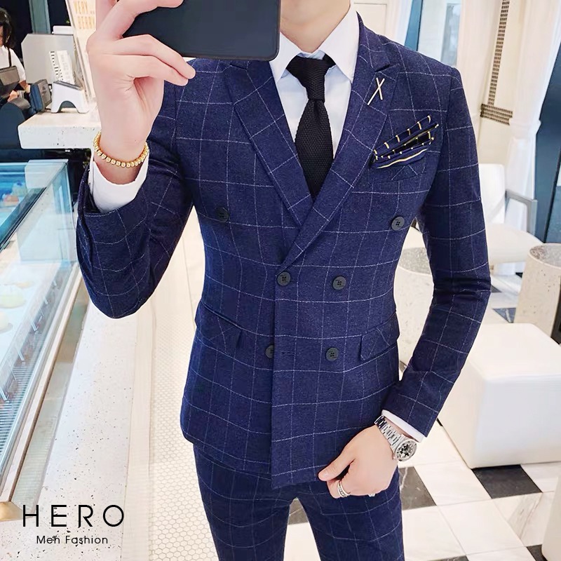 Bộ Vest Nam Cao Cấp Kẻ caro Màu Xanh Dương, Suit Nam Cao Cấp Hàn Quốc Vải Sịn