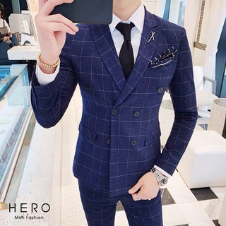 Bộ vest nam cao cấp kẻ caro màu xanh dương, suit nam cao cấp hàn quốc vải sịn
