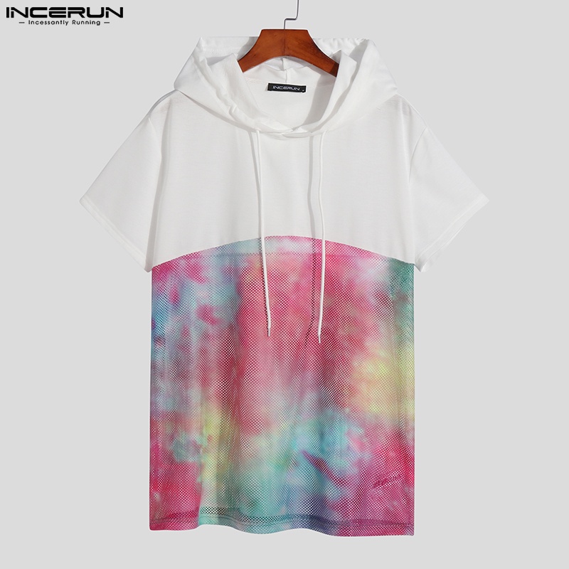 INCERUN Áo Hoodie Ngắn Tay Nhuộm Màu Phối Màu Thời Trang Cho Nam