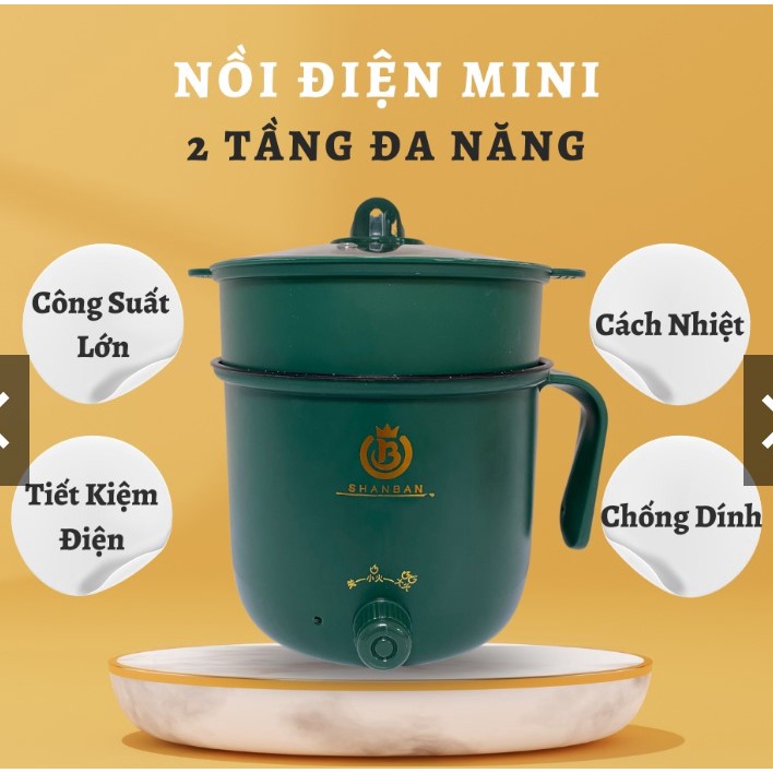 Nồi lẩu điện mini, nấu mì 2 tầng kèm giá hấp đa năng nướng, luộc, chiên chống dính vấn đá tiện lợi ca nấu mì mẫu mới
