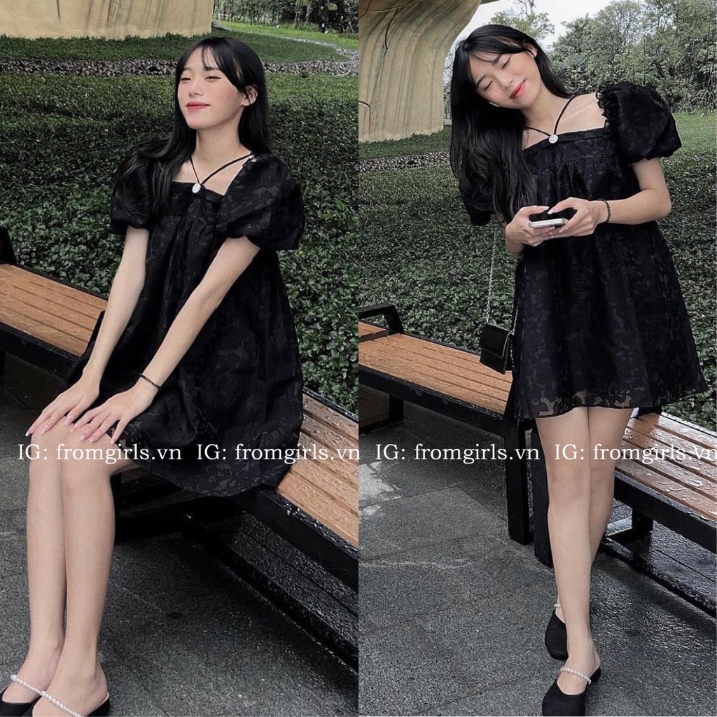 Váy yếm trễ vai, đầm trễ vai buộc dây yếm sexy dáng babydoll - V93