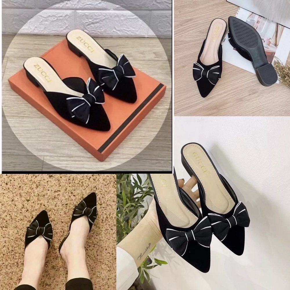 Fiship Giày sục dạ mũi nhọn nơ xinh, dép nhung gót 3cm