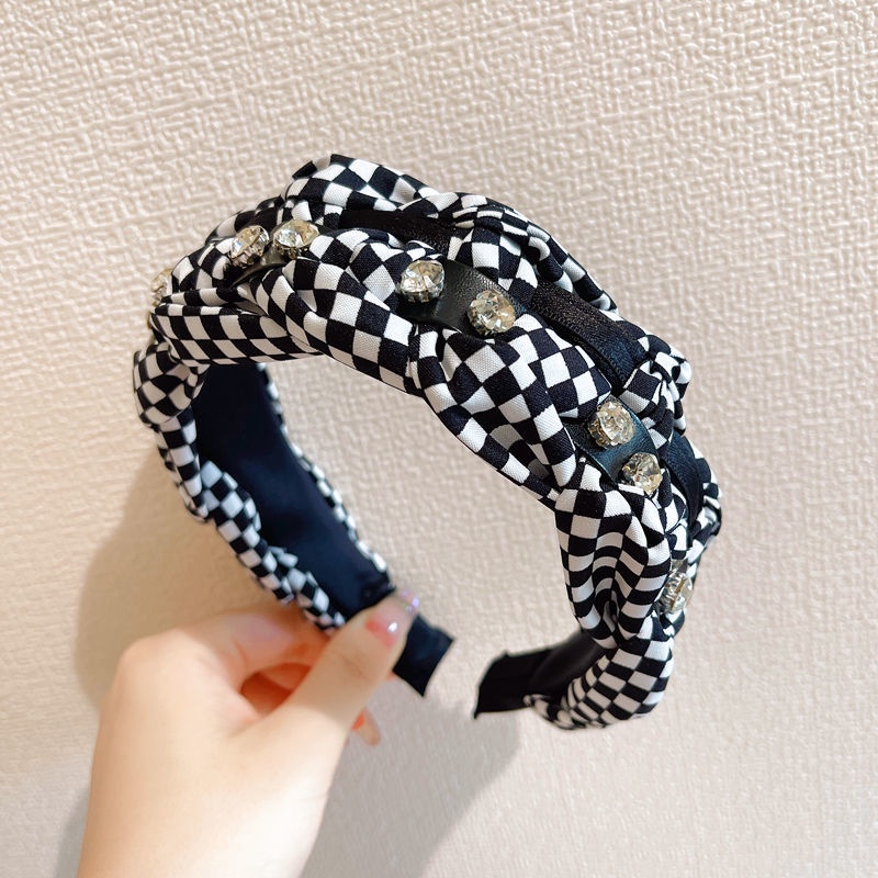 Băng Đô Cài Tóc Vải Họa Tiết Caro Màu Xanh Đen Phong Cách Hàn Quốc