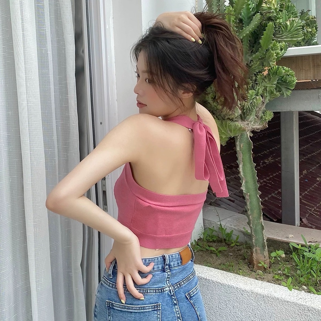 Áo Croptop Dệt Kim Khuy Cài Ngực, Cổ Yếm Hàng Cao Cấp Siêu Xinh