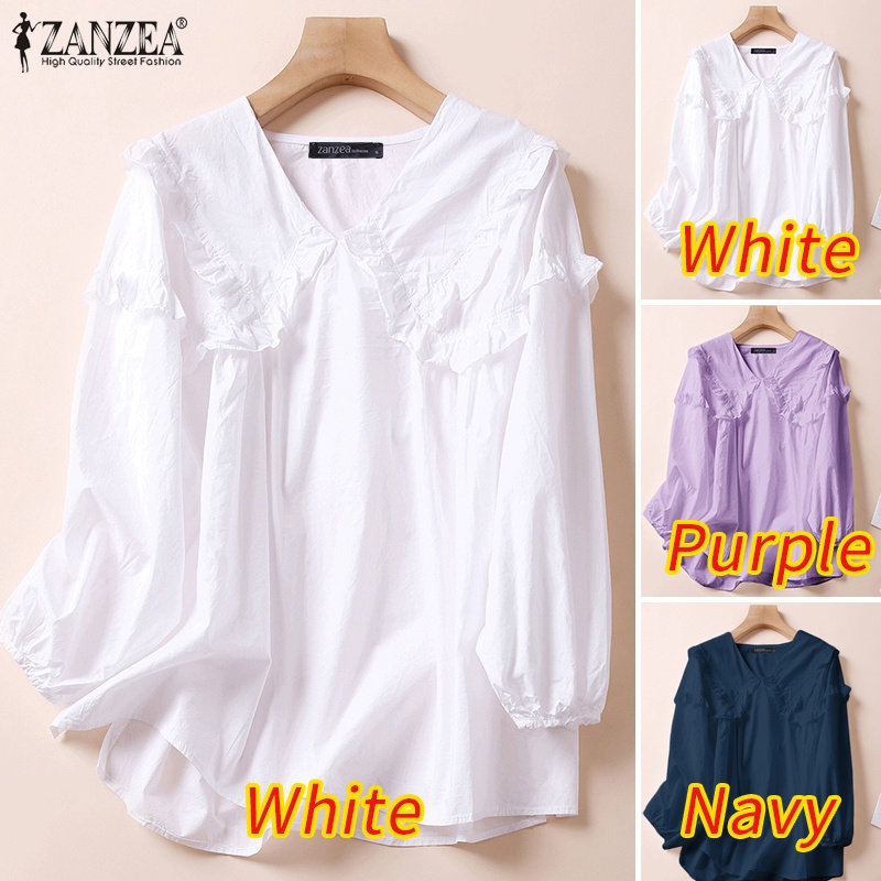 Áo Sơ Mi Tay Dài Cổ Bẻ Nhún Bèo Thời Trang Cho Nữ ZANZEA