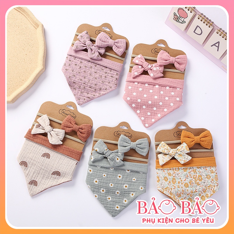 Set yếm đeo cổ tam giác vải muslin cao cấp kèm băng đô / turban nơ tiểu thư phong cách vintage quà tặng