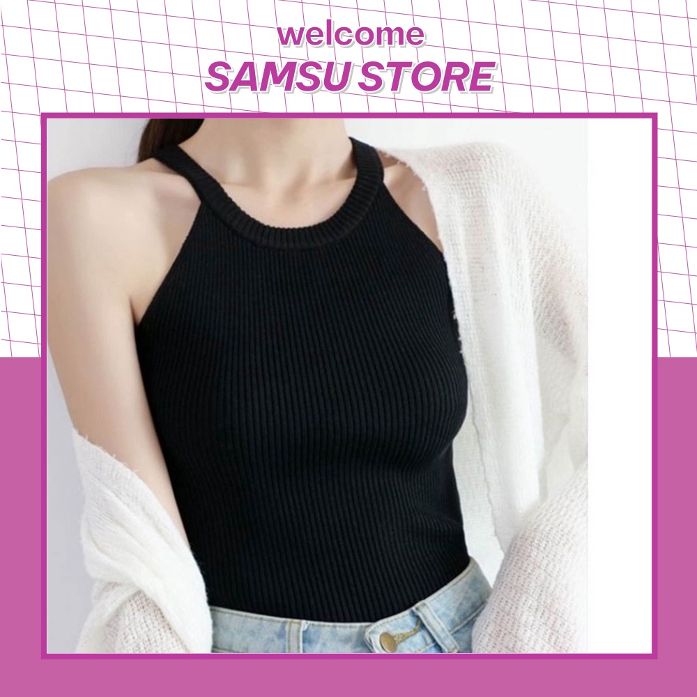 Áo yếm len croptop nữ 3 lỗ cổ trụ đen trắng thun gân