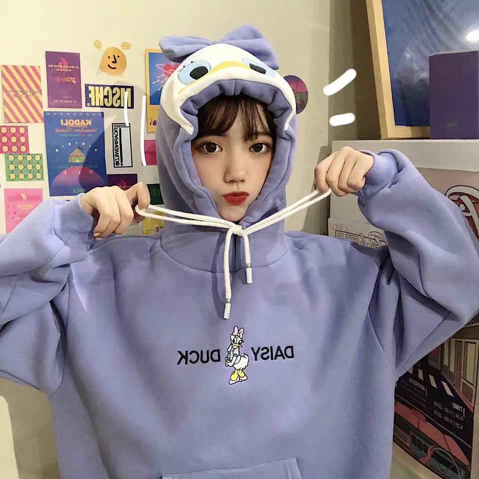 ÁO HOODIE VỊT THÊU DAISY DUCK MŨ SAU XANH HỒNG TRẮNG UNISEX