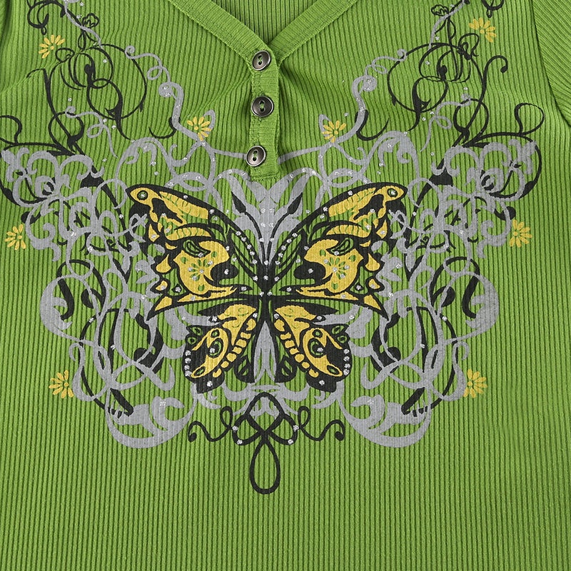IAMHOTTY new green butterfly printing button V-neck top female street snap hot girl youth sweet and spicy personality T-shirt gX1r