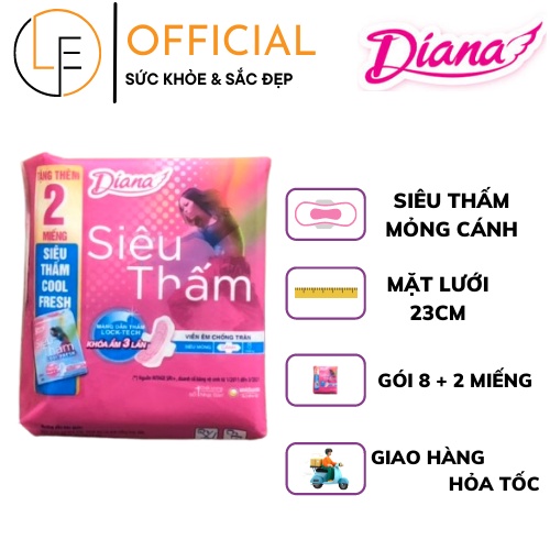 [Tặng Thêm 2 Miếng] Băng Vệ Sinh Diana Siêu Thấm Mỏng Cánh Mặt Lưới 23cm - 8 Miếng