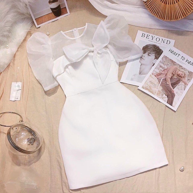 Đầm xoè phối vải kính nơ to đẹp có hình thật sau