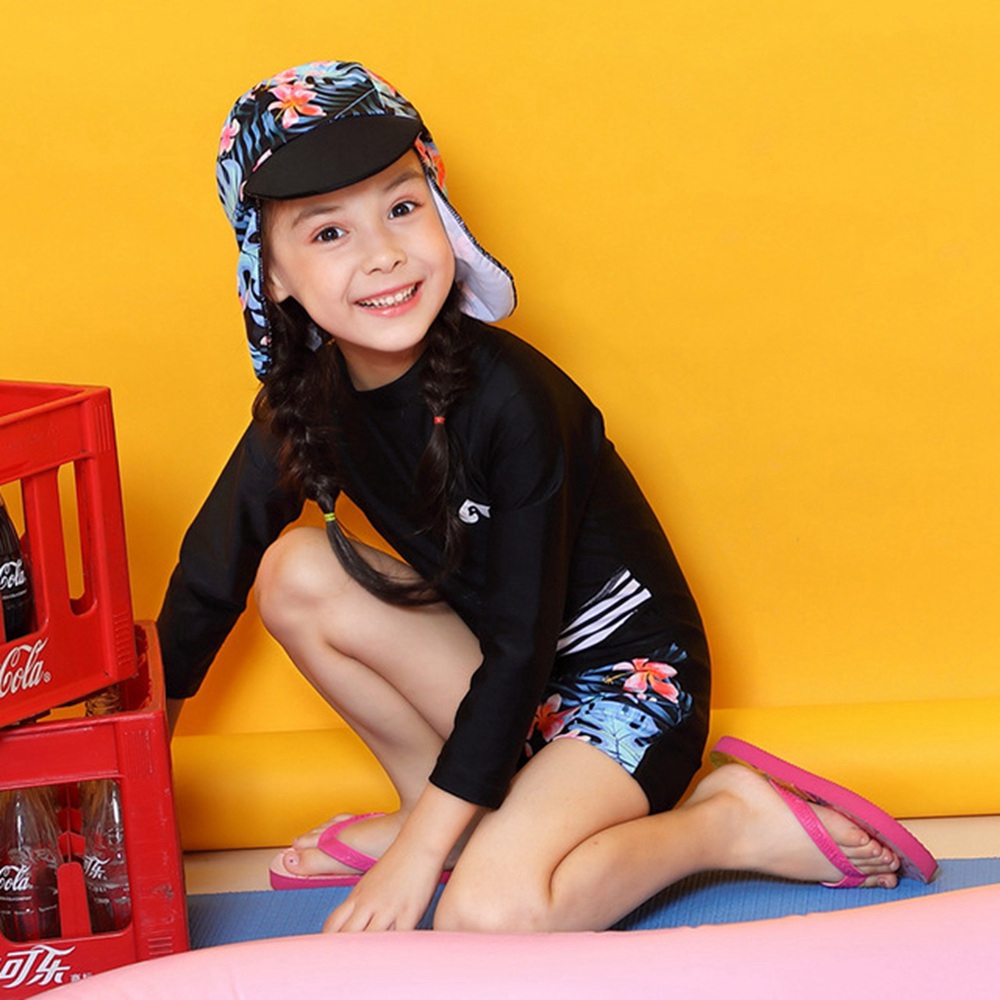 Đồ bơi dài tay màu đen phong cách Hàn Quốc có nón thời trang cho bé từ 3-15 tuổi