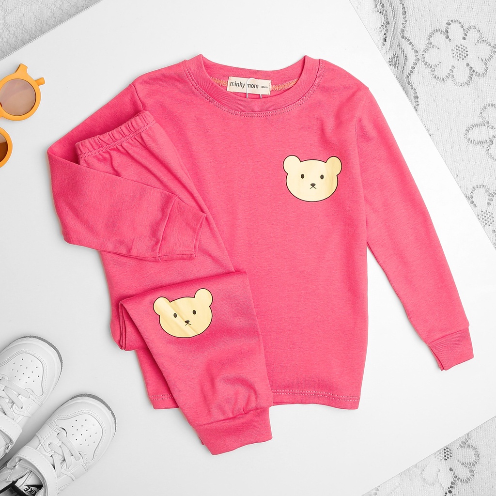 [SALE] Bộ Quần Áo Bé Gái, Bé Trai Minky Mom Vải Cotton Bozip Ngực In Gấu Teddy, Bộ Dài Tay Cho Bé Mặc Thu Đông MKMTD2153