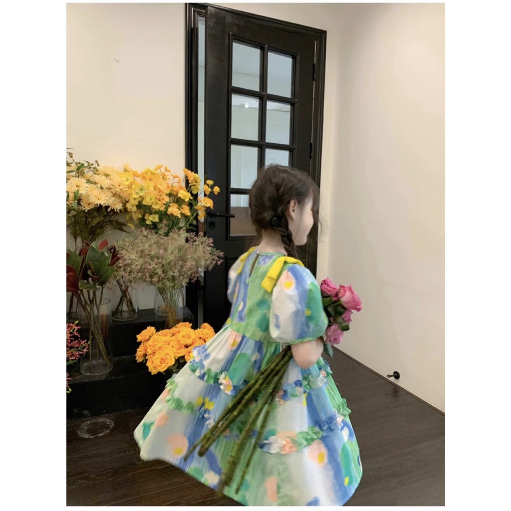 Váy hoa xanh nơ vàng cho bé gái 9-35kg size nhỡ G20