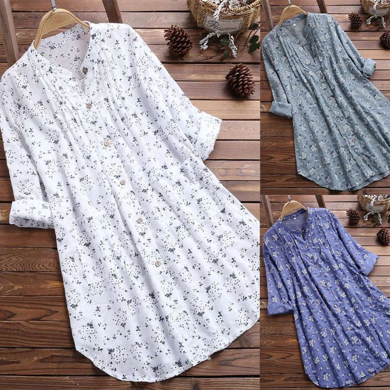 Đầm Sơ Mi Mini Tay Dài Xếp Ly In Họa Tiết Hoa Thanh Lịch Cho Nữ