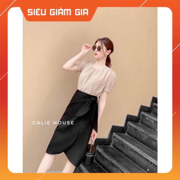 Chân váy dáng thon cao nữ dáng A vạt lệch buộc nơ lịch sự thời trang văn phòng Calie House CV43