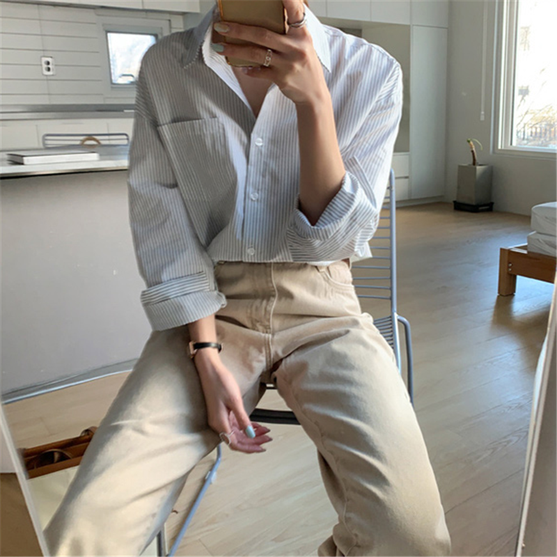 Áo sơ mi tay dài hoạ tiết kẻ sọc phong cách retro thời trang mùa thu dành cho nữ