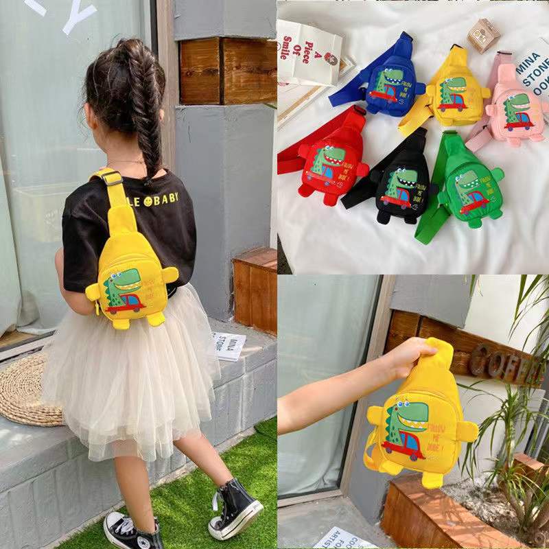 Túi Đeo Chéo Bằng Vải Canvas Hình Khủng Long Thiết Kế Dễ Thương Cho Bé