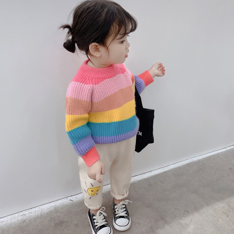 Áo Sweater Dệt Kim Cổ Tròn Tay Dài Màu Cầu Vồng Cho Bé Gái