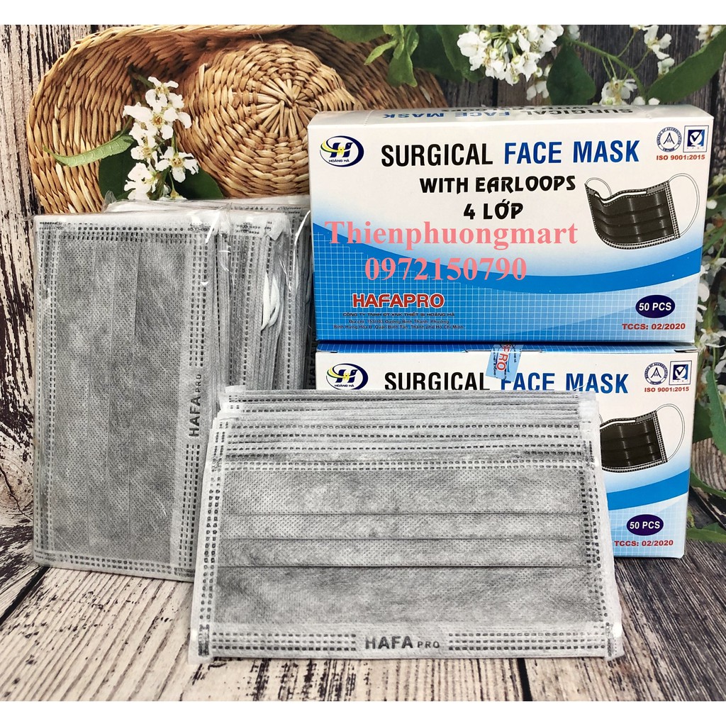 Khẩu trang Xám 4 lớp Hafapro hộp 50 cái - Khẩu trang y tế Hafapro 4 lớp vải không dệt