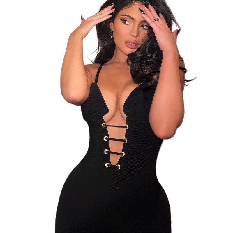 DUNEA Áo liền quần cổ chữ V khoét sâu chất liệu cotton thời trang quyến rũ cho nữ