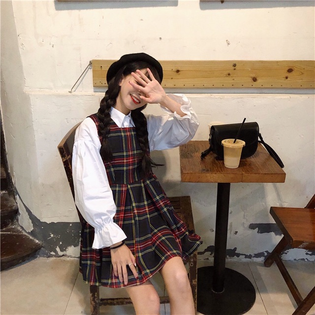 Set váy caro kèm áo sơmi tay bồng ( caro yếm đỏ ) | BigBuy360 - bigbuy360.vn