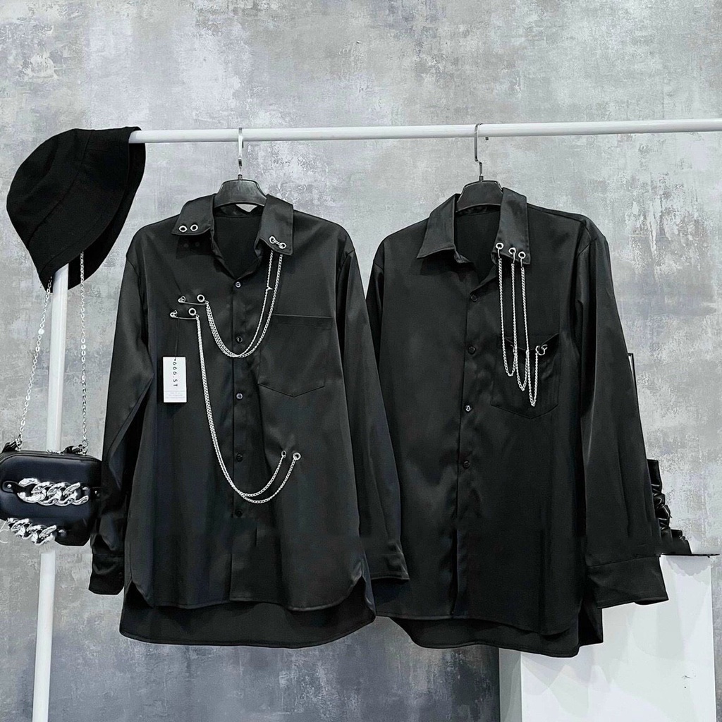Áo sơ mi lụa dây xích nhũ giả da Unisex Nam Nữ phong cách hàn quốc BadBoy độc lạ