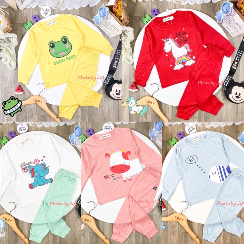 Bộ dài tay thun lạnh Minky Mom cho bé trai và bé gái, họa tiết động vật, có size từ 8-18kg