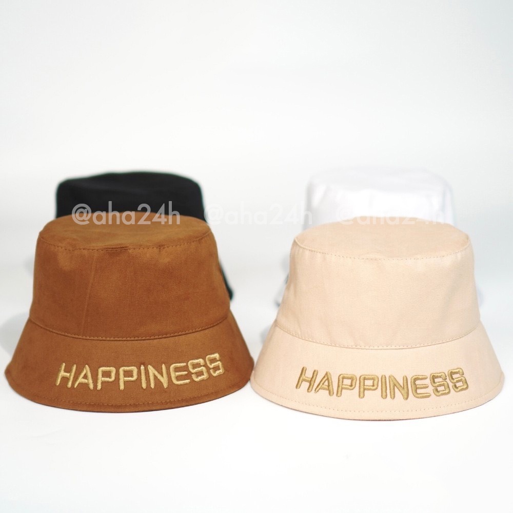 Mũ bucket thêu hình HAPPINESS nón vành tròn thời trang nam nữ AH1556