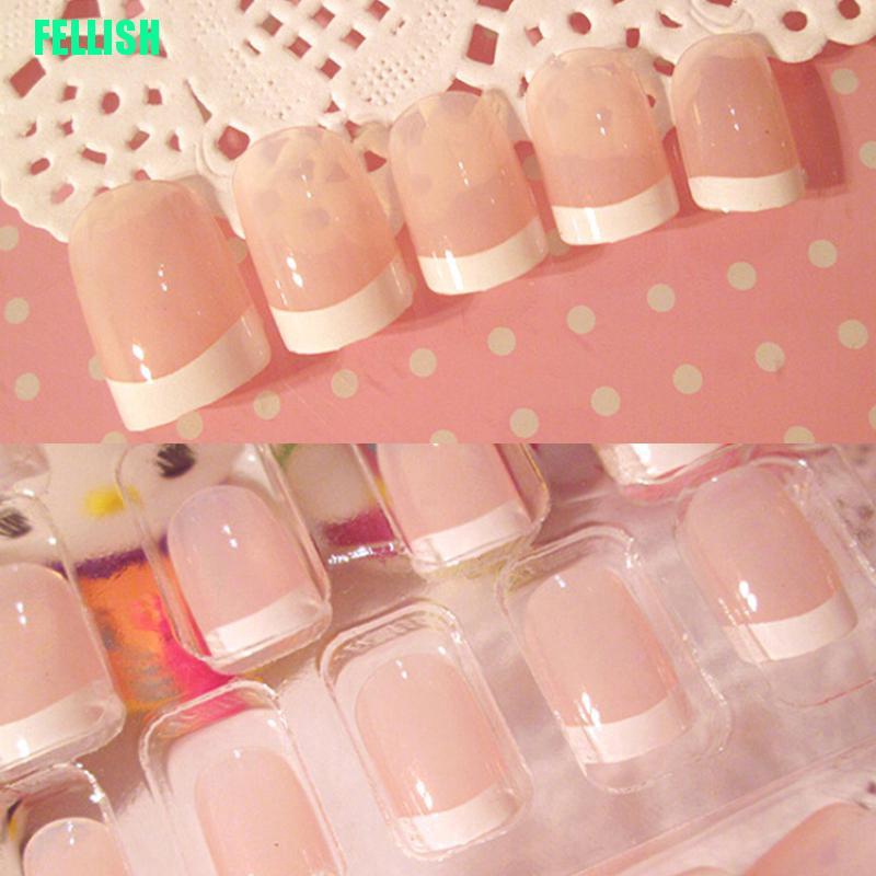 Set 24 móng tay giả tự trang trí kiểu Pháp có keo dán cho nữ