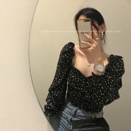 QADCOL   Áo Croptop Tay Dài Cổ Vuông In Họa Tiết Hoa Phong Cách Cổ Điển Thời Trang Cho Nữ