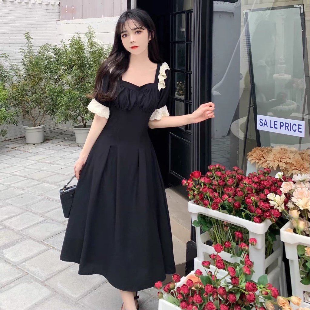 Váy nữ dáng dài vai và tay phối ren thời trang - GUEM Clothes