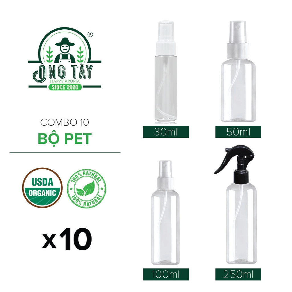 Combo 10 chai PET trắng/ xanh/ nâu Thái Lan cao cấp 30ml/50ml/100ml/250ml
