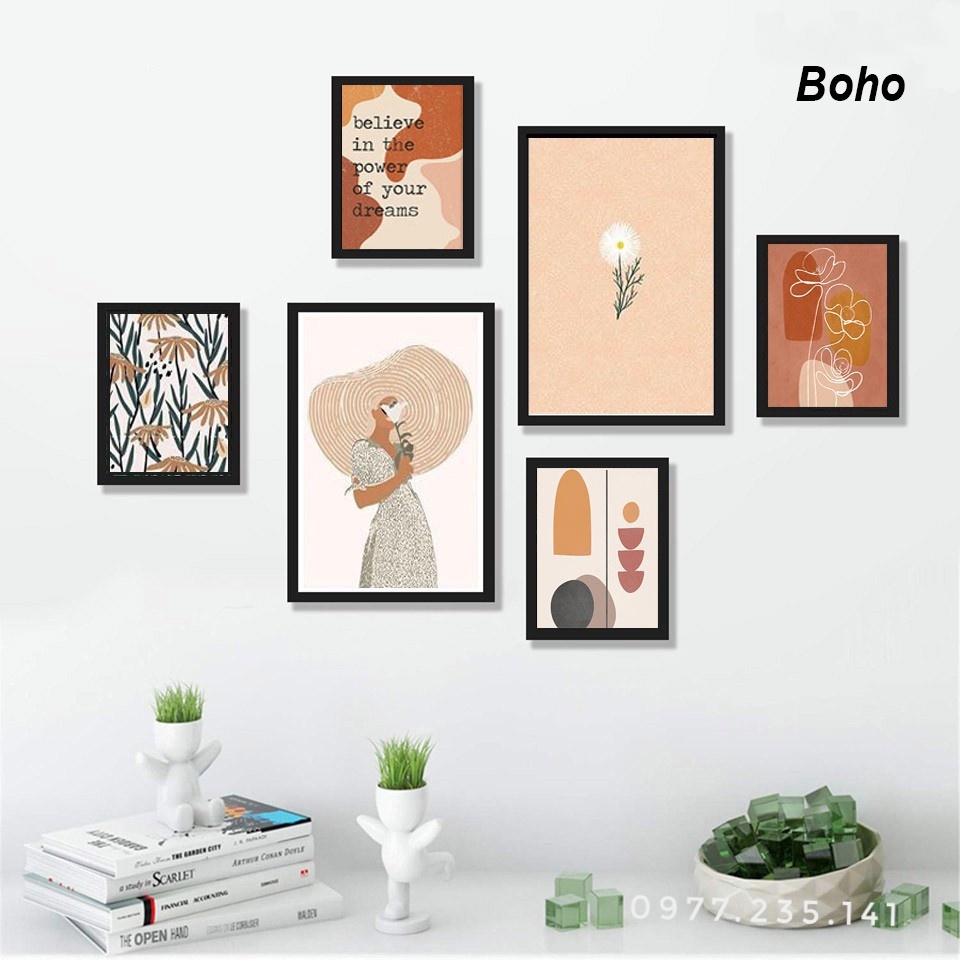 Bộ (Set) 6 tranh treo tường khung gỗ vintage tropical ,Trang trí nhà cửa decor phòng khách, Quà tặng ý nghĩa