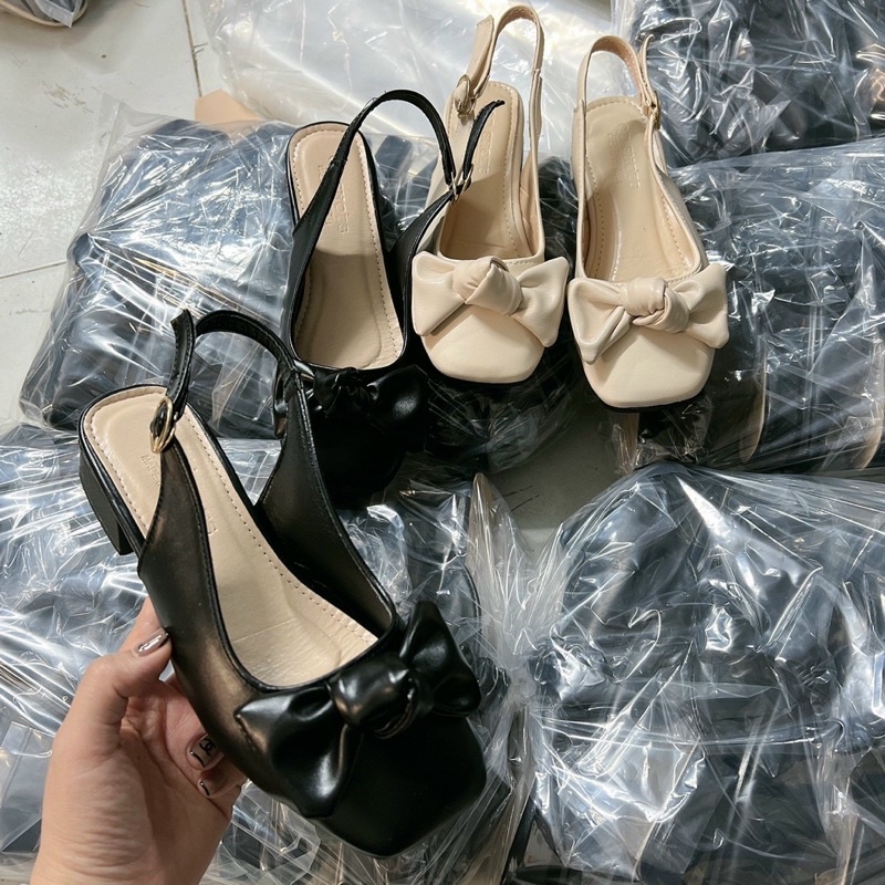 GIÀY SANDAL BÍT MŨI / GIÀY THỜI TRANG BÍT MŨI NƠ MŨI VUÔNG GÓT 2p DA MỊN