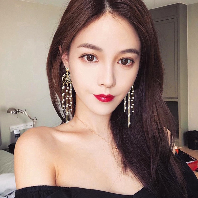 Hoa Tai Dáng Dài Hình Dreamcatcher Phối Ngọc Trai Nhân Tạo Thời Trang