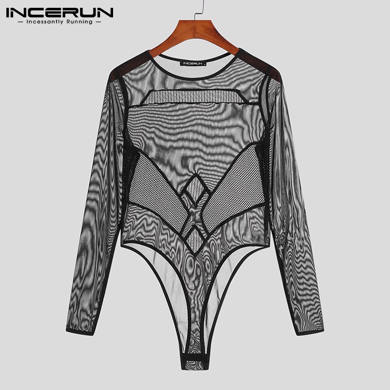 Bộ áo liền quần INCERUN tay dài xuyên thấu gợi cảm cho nam