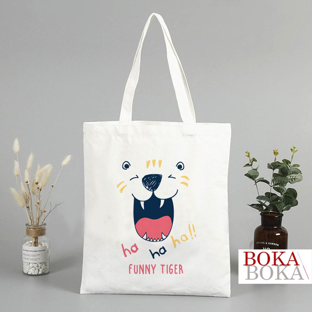 Túi Tote Vải Canvas In Hình Mặt Chú Cọp Đáng Yêu Có Khóa Miệng Túi