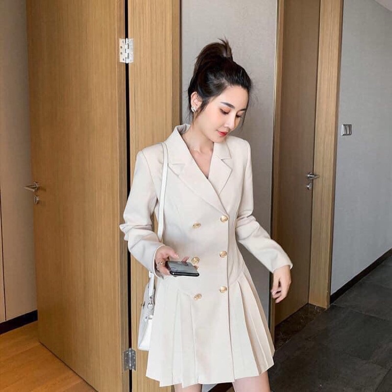 Set vest liền váy xếp ly tiểu thư