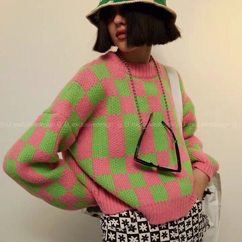 Áo Sweater chui đầu dáng rộng kẻ sọc màu tương phản thời trang thu đông cho nữ