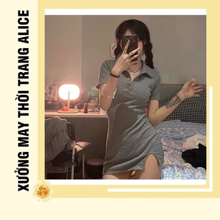 Đầm body cổ polo len gân