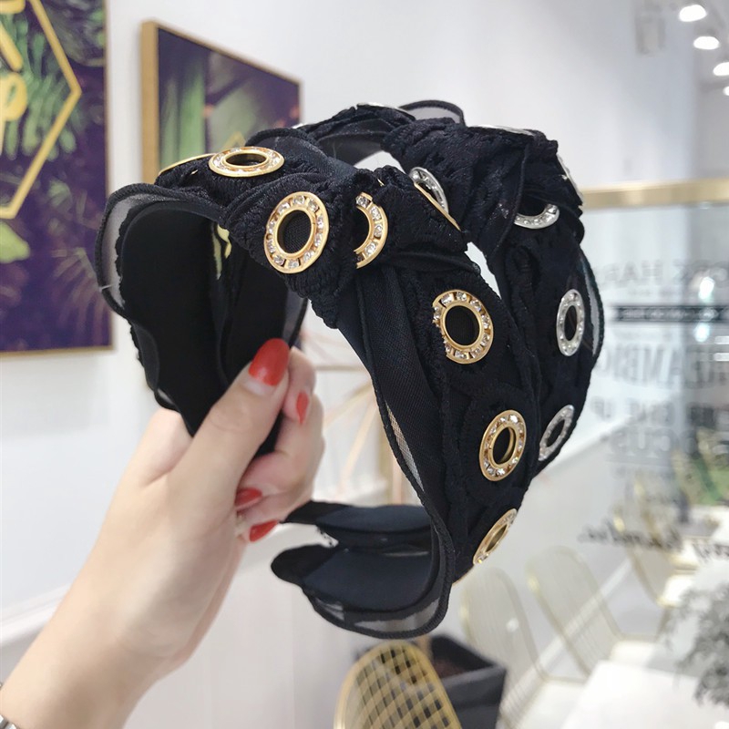 Korean New High-end Hollow Rhinestone Headband Bud Silk Yarn Knotted Wide-brimmed Woman Hair Band