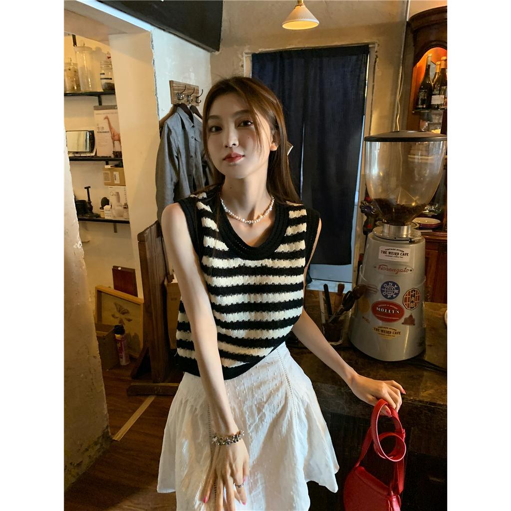 ZHELIHANGFEI Áo Hai Dây Dệt Kim Họa Tiết Kẻ Sọc Phong Cách Pháp Thời Trang Cho Nữ