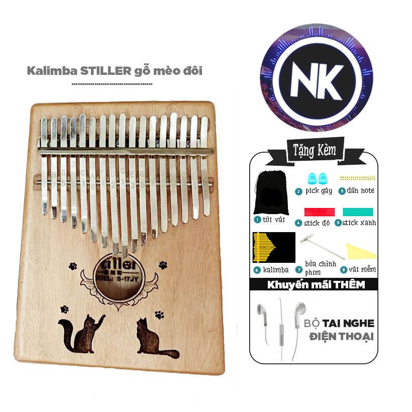 Đàn Kalimba 17 Phím Gỗ Mèo Đôi Stiller Tặng Kèm Tai Nghe Điện Thoại - Hàng Có Sẵn