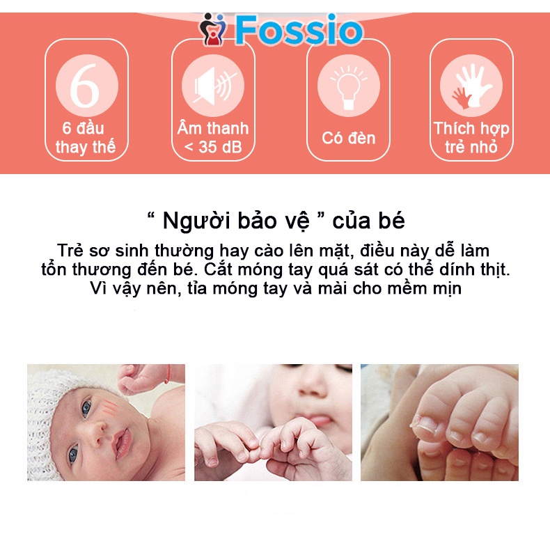 Máy Mài Móng Tay Cho Bé FOSSIO Cho Trẻ Sơ Sinh Kèm 6 Đầu Mài, Tặng Kèm Pin Tiểu AA, Bảo Hành 1 Tháng