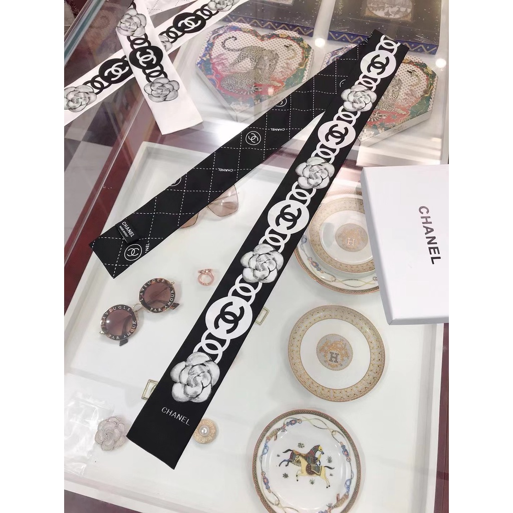 Khăn Choàng Cổ / Khăn Quàng Cổ / Túi Xách Vải Lụa In Họa Tiết Hoa Trà Và Chữ Thời Trang Cho Nữ Đen