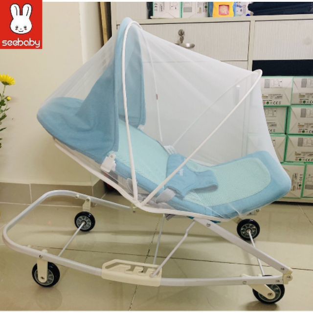 Ghế nhún bập bênh 3 tư thế nằm + 2 chế độ có 4 bánh xe dùng cho bé chơi hoặc ăn dặm Seebaby R1 (kèm mừn che như hình