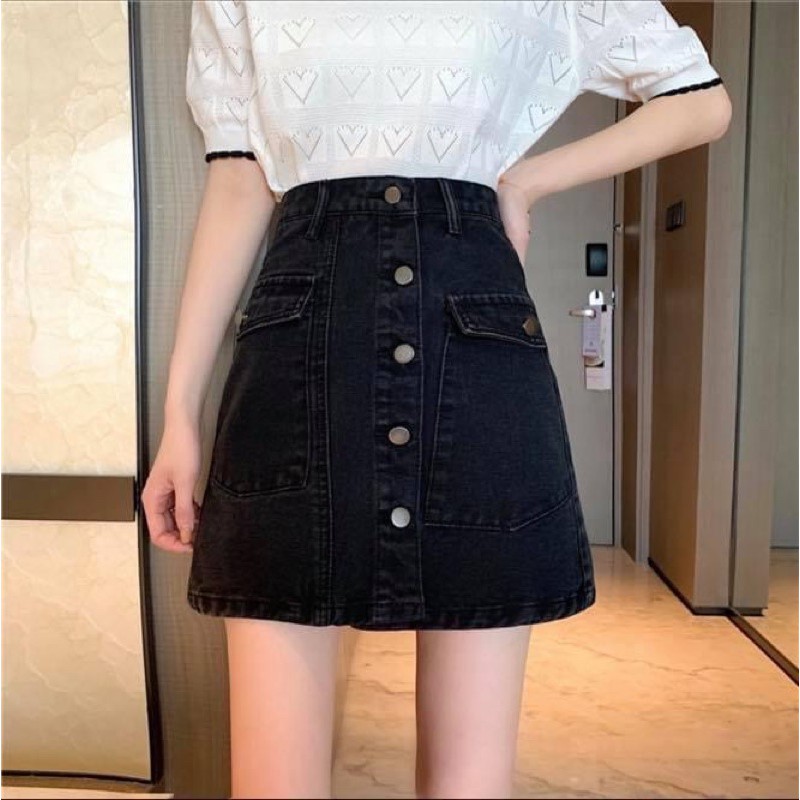 Chân váy jean denim ngắn nữ chữ a dáng suông xoè nút dài có túi - Order taobao quảng châu