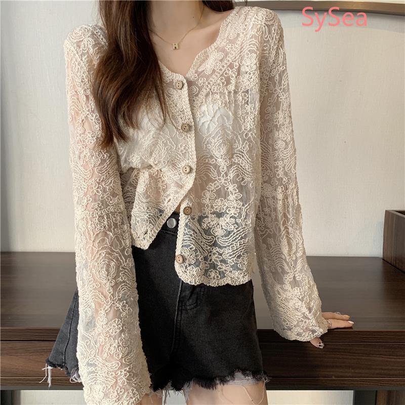 Áo kiểu tay dài cổ chữ V phối ren gợi cảm thời trang dành cho nữ