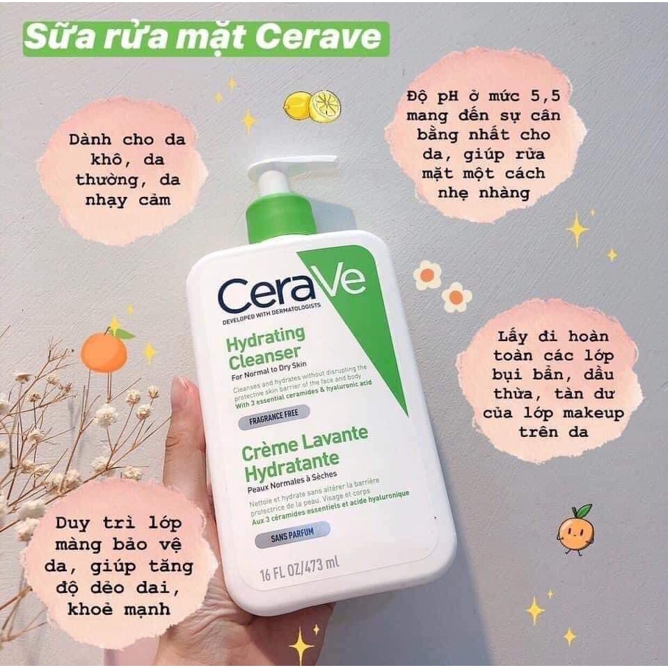 Sữa rửa mặt CERAVE 473ml bản Pháp nội địa Hydrating Da thường khô Foaming da dầu hỗn hợp